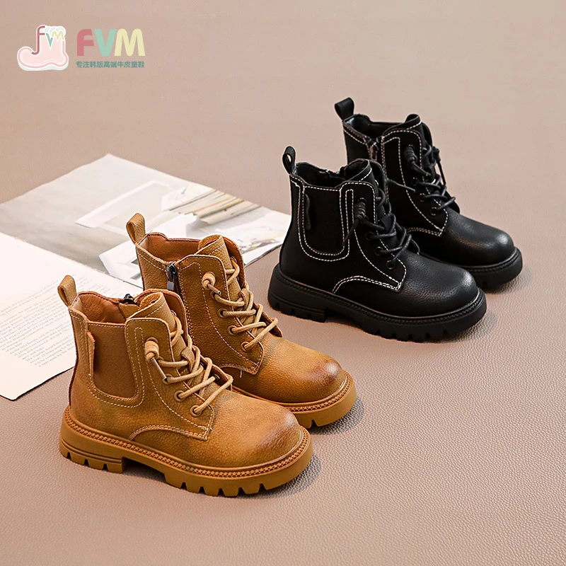 F.V.M女童鞋儿童马丁短靴子2024春秋款宝宝男童真皮大黄靴英伦