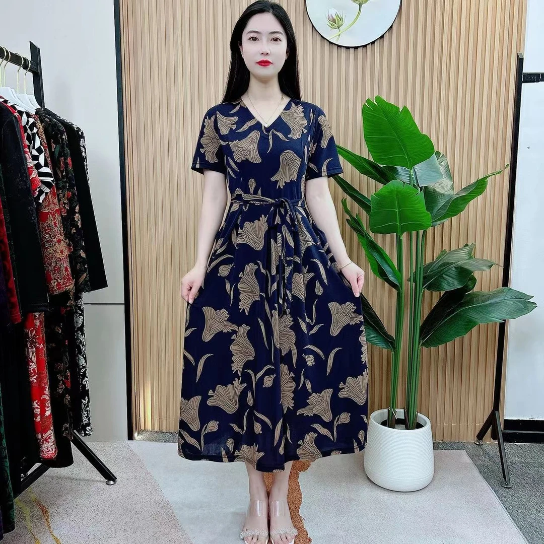 【橙溪优品】3247夏季新款南韩冰感丝显瘦大摆鸢尾花短袖连衣裙