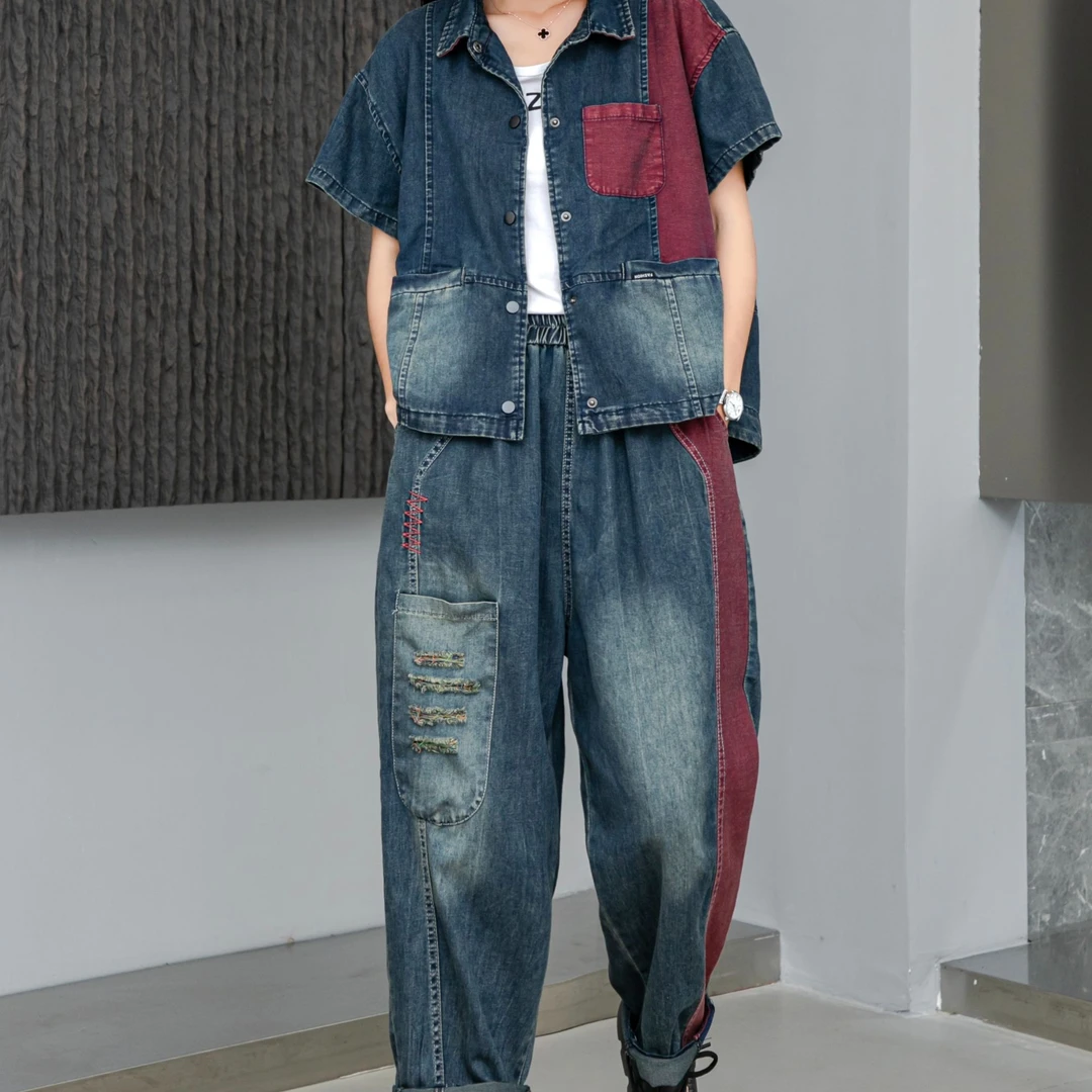 时尚牛仔套装短袖上衣牛仔裤子显瘦简约洋气两件套7682加966