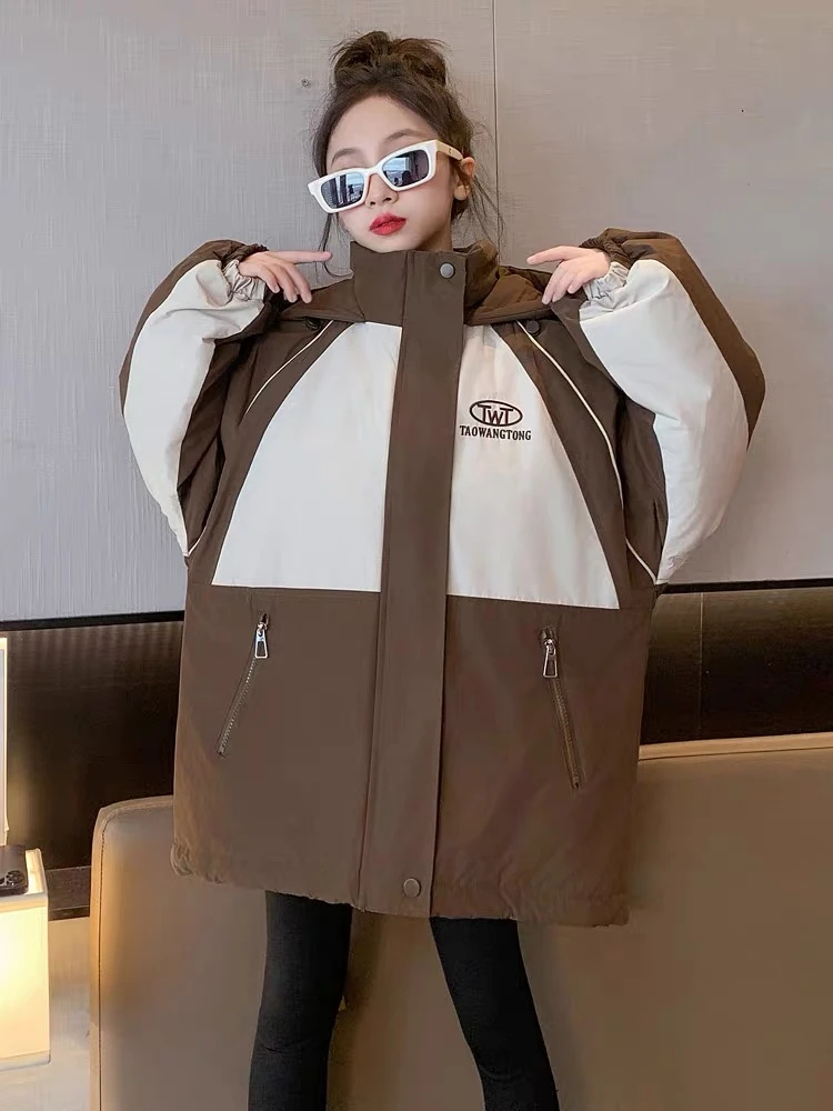 女童冬装加绒外套洋气拼接冲锋衣冬季大童加厚派克服女孩中大童