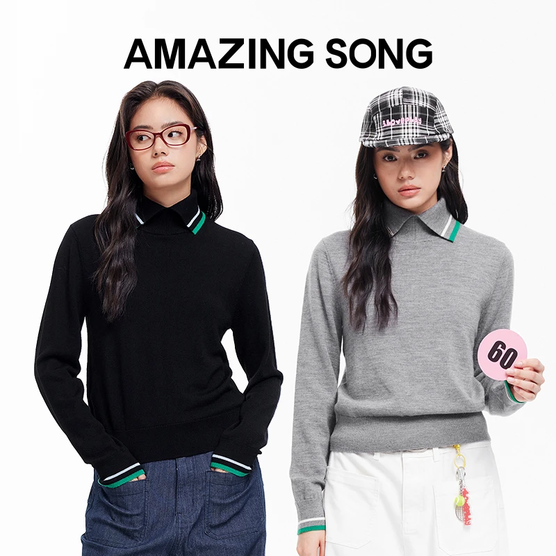 【福利】撞色翻领针织衫秋冬女士百搭休闲时尚套头长袖保暖