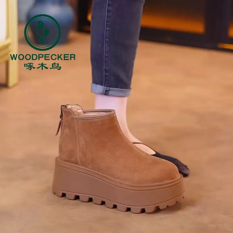 啄木鸟增高7CM真皮短靴女2024秋冬新款休闲时尚百搭高级感厚底气