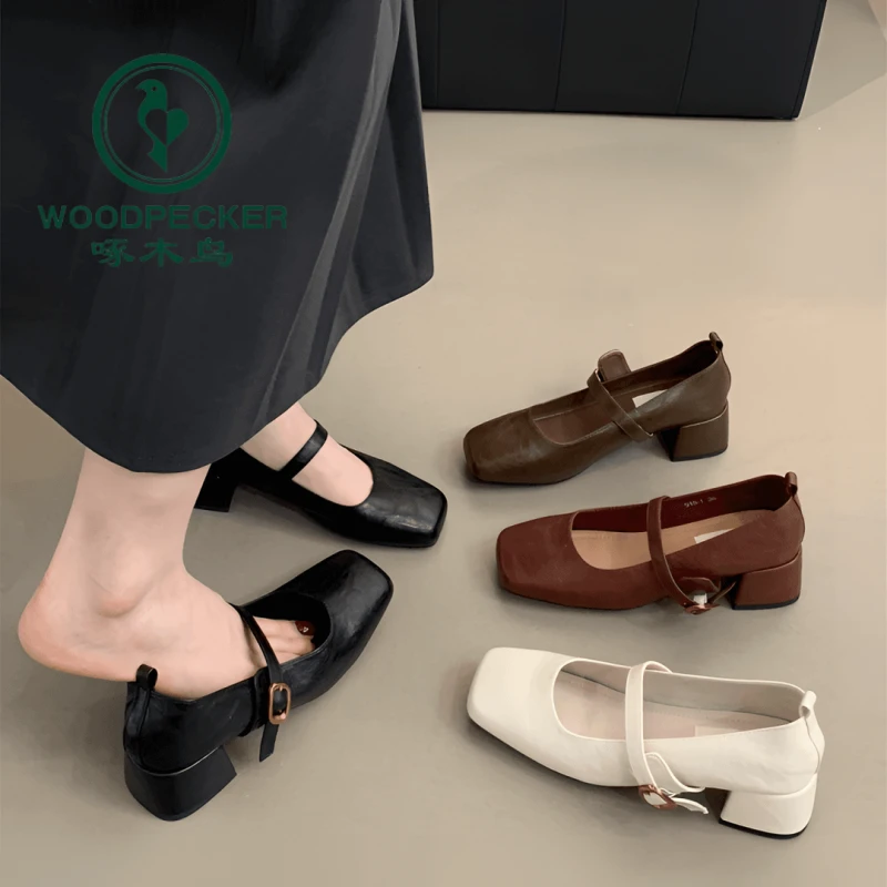 啄木鸟复古方头浅口粗跟单鞋女鞋春秋新款法式晚风玛丽珍时尚软皮