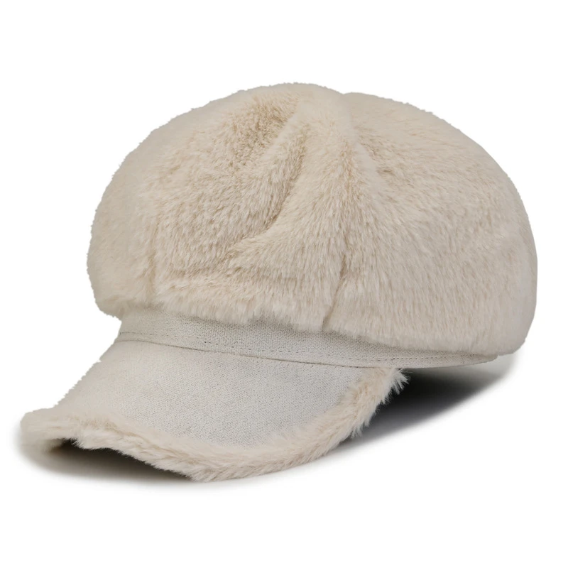 ins新款百搭鸭舌帽女士防风保暖毛绒帽纯色优雅八角帽 秋冬批发