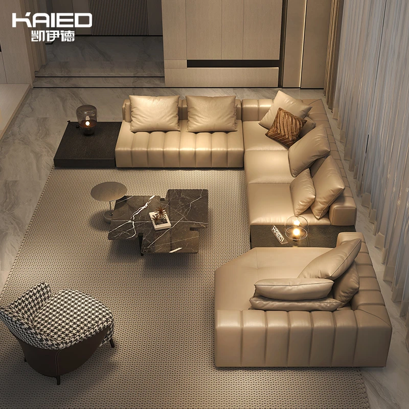 轻奢豪华别墅真皮沙发弧形U型大平层横厅奢华高定品牌棕色皮梳化