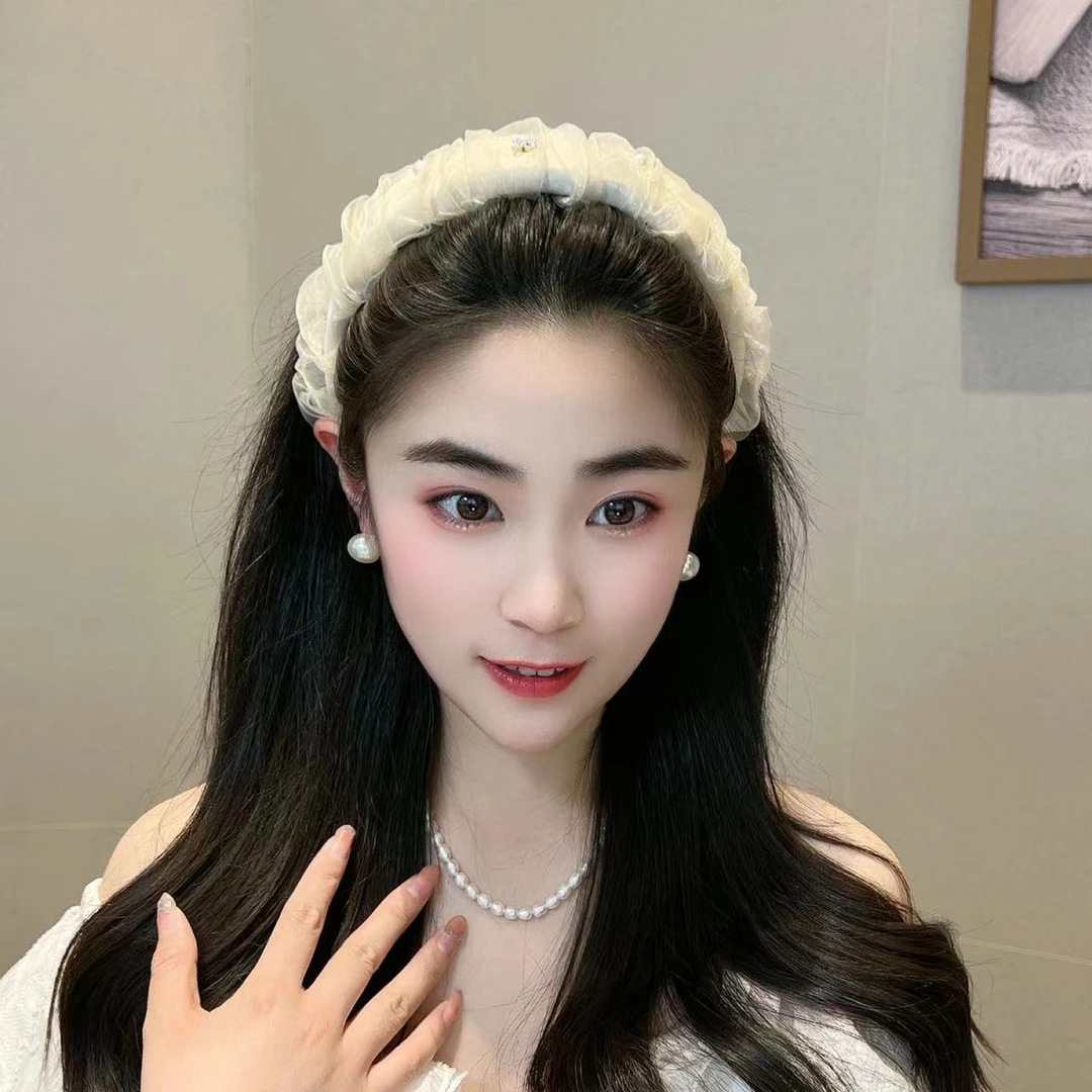 依牧韩系甜美欧根纱显脸小褶皱发箍超仙高颅顶法式网纱洗脸发卡
