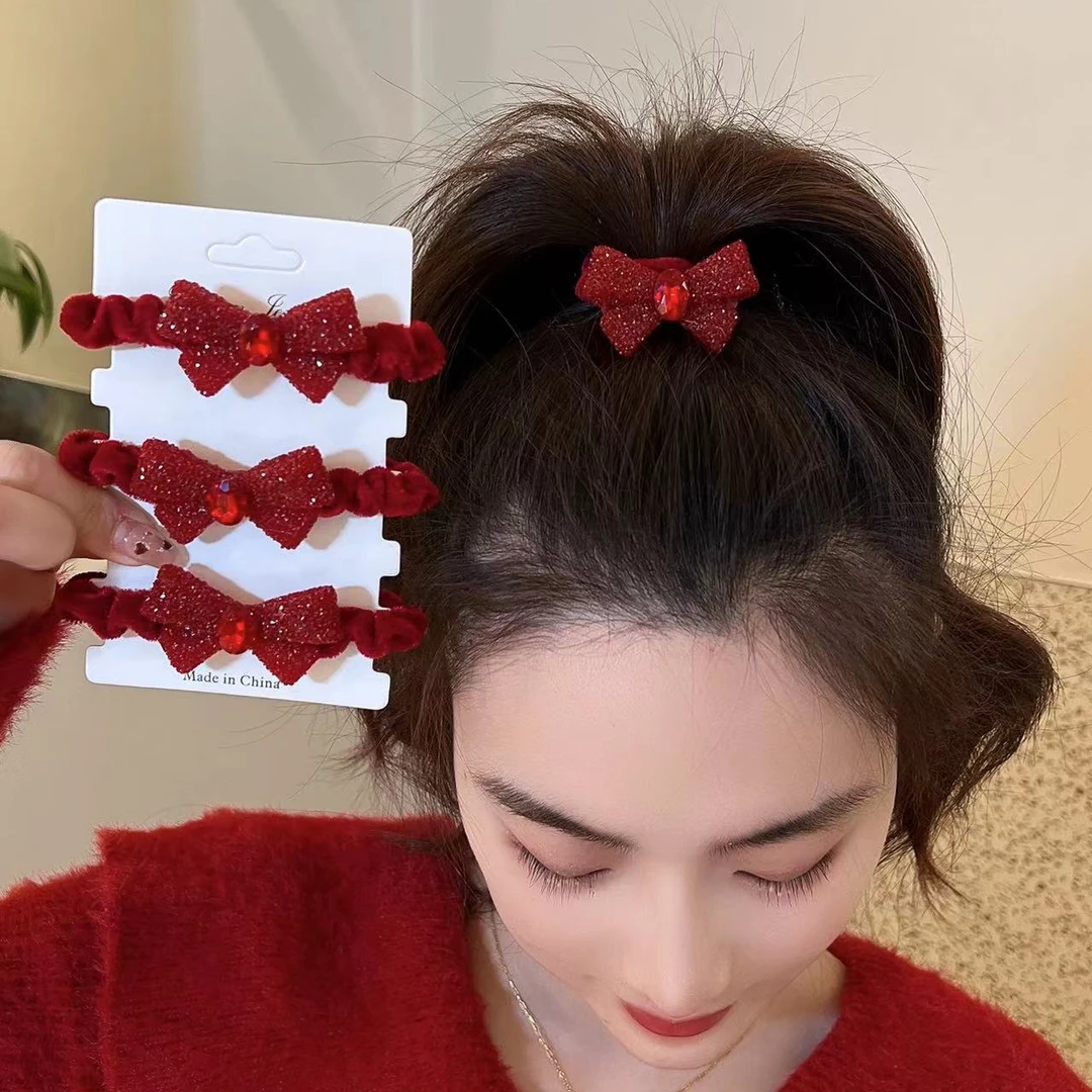 喜庆丝绒蝴蝶结头绳高颜值秋冬发绳不伤发发圈红色新年发饰复古