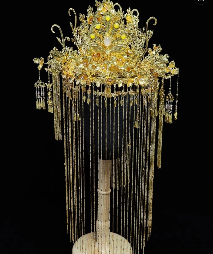 可拆面帘奢华金色新娘凤冠中式婚礼头饰古装秀禾面帘发饰