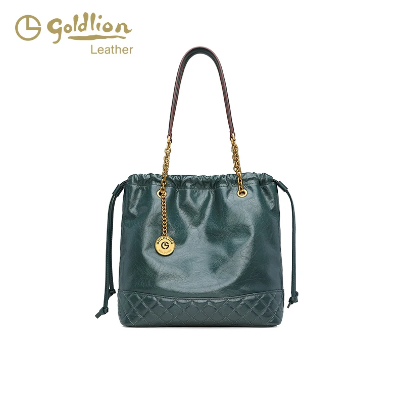 Goldlion/金利来女士夏季复古褶皱菱格图案抽绳设计大容量单肩包
