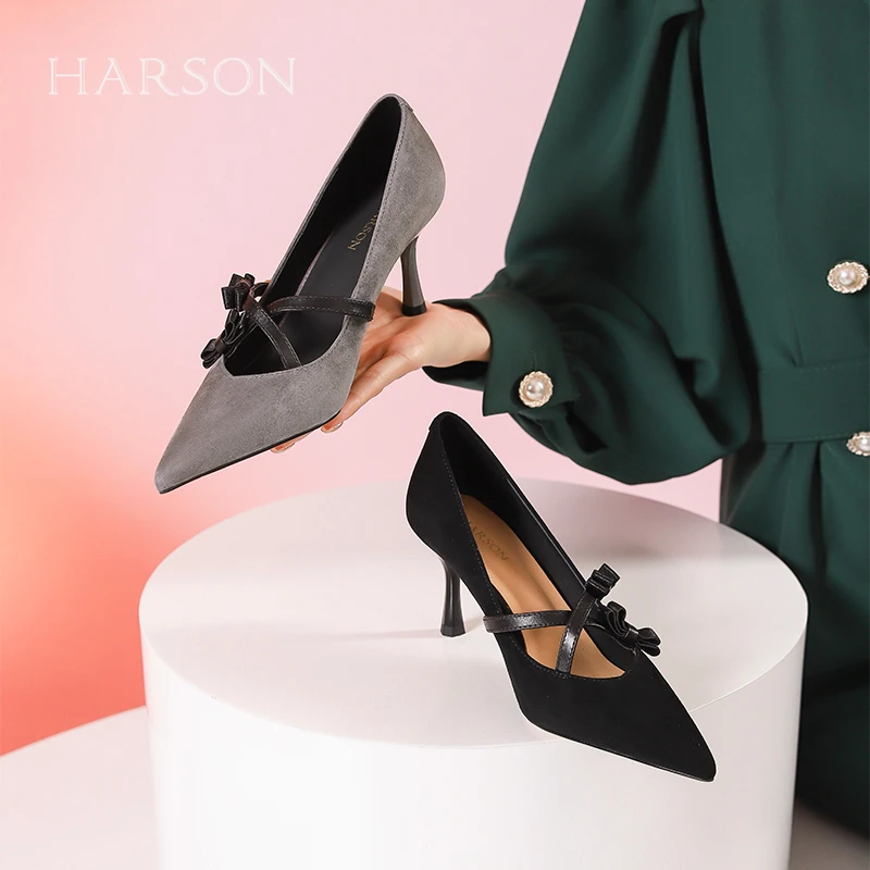 哈森春季新品女尖头绒面交叉绑带宴会单鞋气质高跟鞋HWS240193