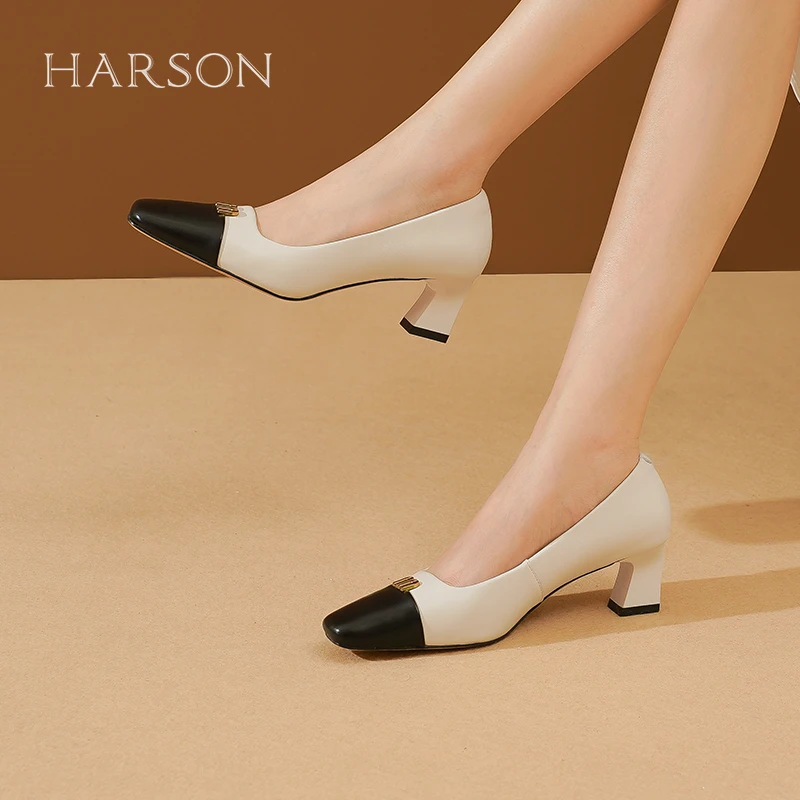 Harson/哈森哈森春季爆款小香风方头真皮粗跟中跟女单鞋HWL230143