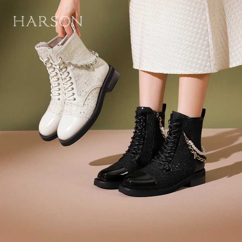 【门店直发】哈森冬季新款牛皮拼接帅气链条炸街短靴HA232008