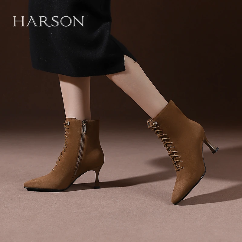 哈森细高跟女靴新款复古尖头系带秋季时装单靴气质高跟鞋HA247149