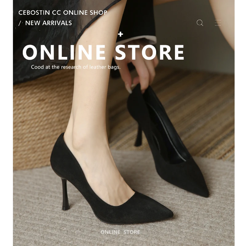 KABINGNI/卡冰妮5/7/9cm2023新款黑色性感工作中跟细跟高跟单鞋女