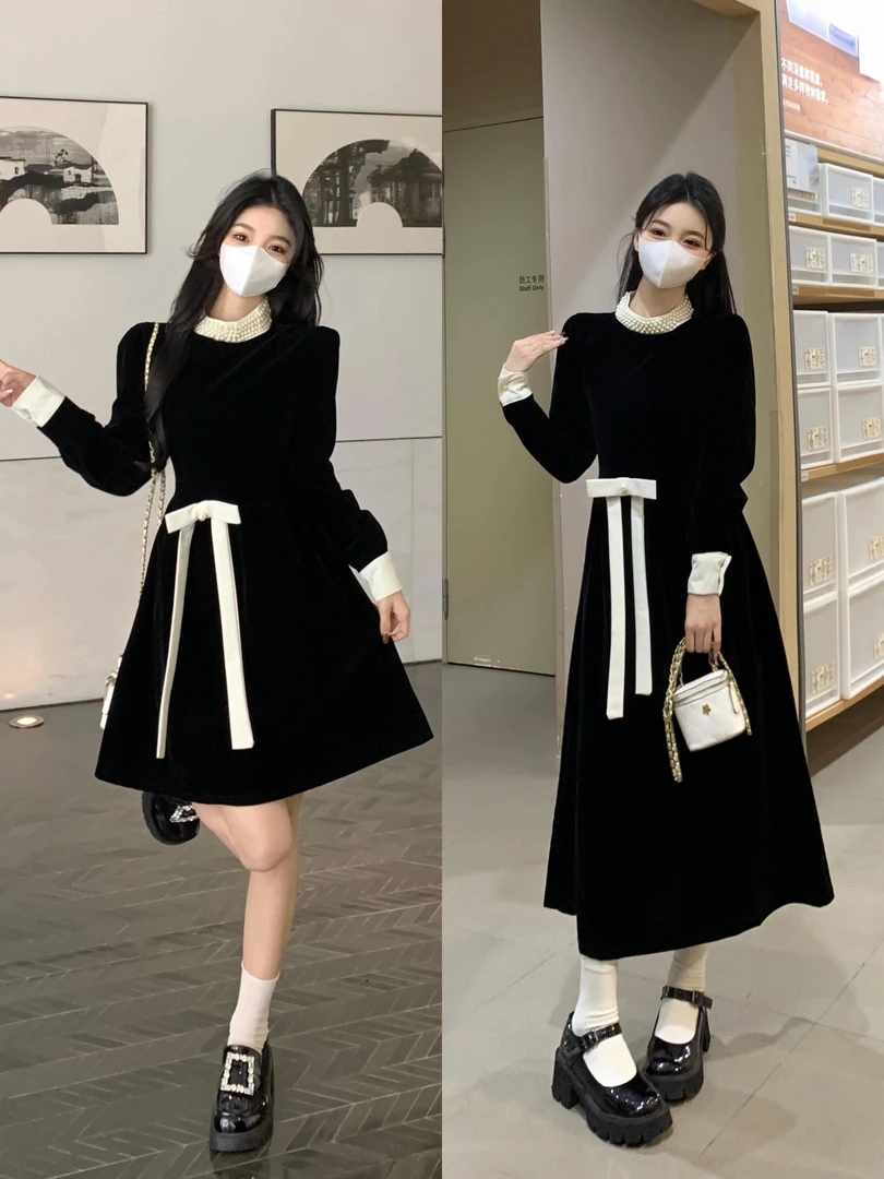 【赫本】大码秋冬连衣裙女高档赫本风法式丝绒显瘦复古气质连衣裙