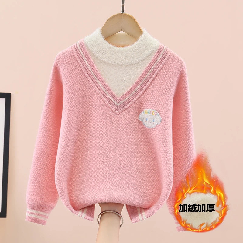 女童一体绒毛衣加绒加厚冬季2024新款儿童假两件打底衫女孩中大童