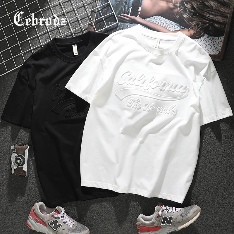 CebrodzT恤男士纯色2023半袖套头字母宽松休闲大码男体恤短袖百搭
