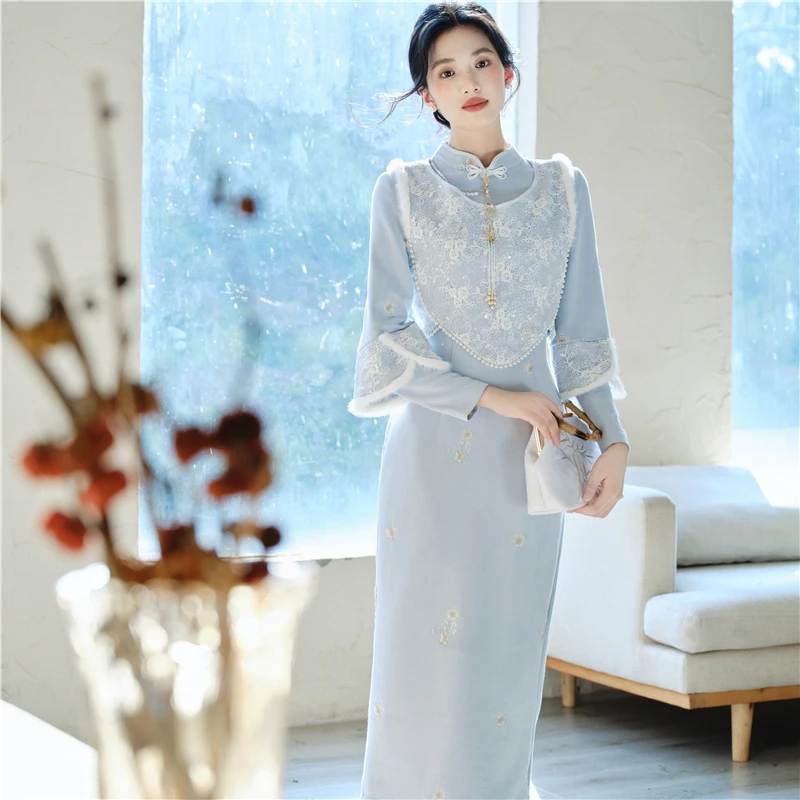 冬季加绒新中式国风显瘦气质高级感绝美女神范日常改良旗袍连衣裙