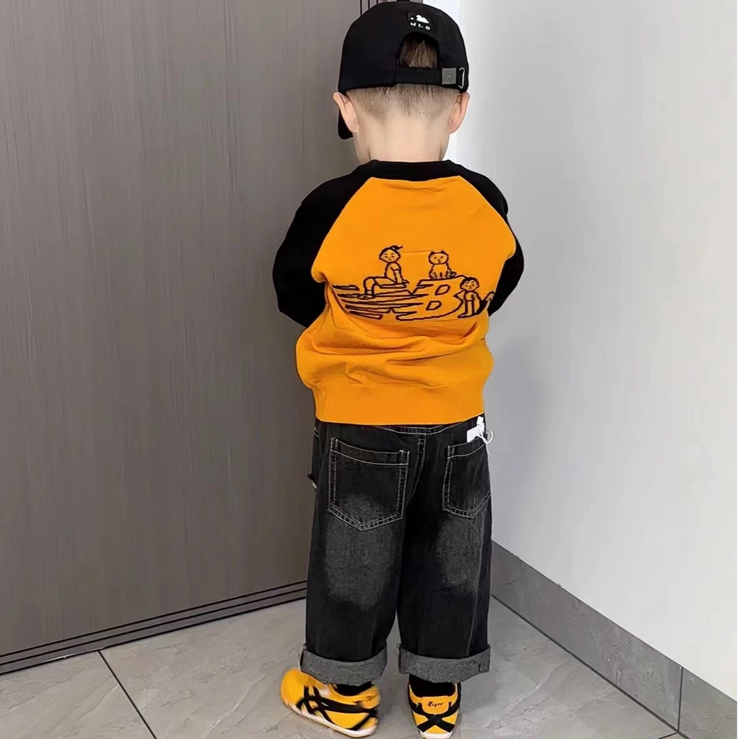 儿童卫衣套装秋装2025新款韩版男童印花套头卫衣休闲牛仔裤两件套