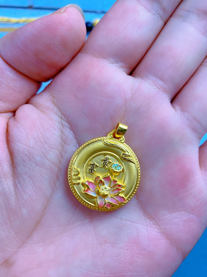 足金珐琅彩荷花吊坠