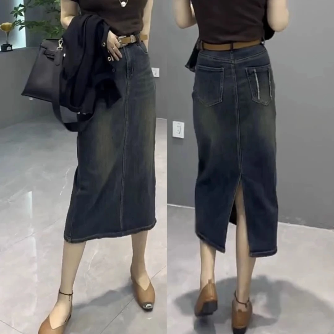2025年秋季爆款大码复古开叉牛仔半身裙女胖mm显瘦百搭高腰包臀裙