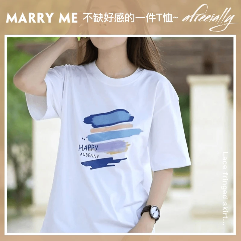 彩虹涂落肩夏季男女同款纯棉短半印花圆T恤时尚学生半袖白色洋气