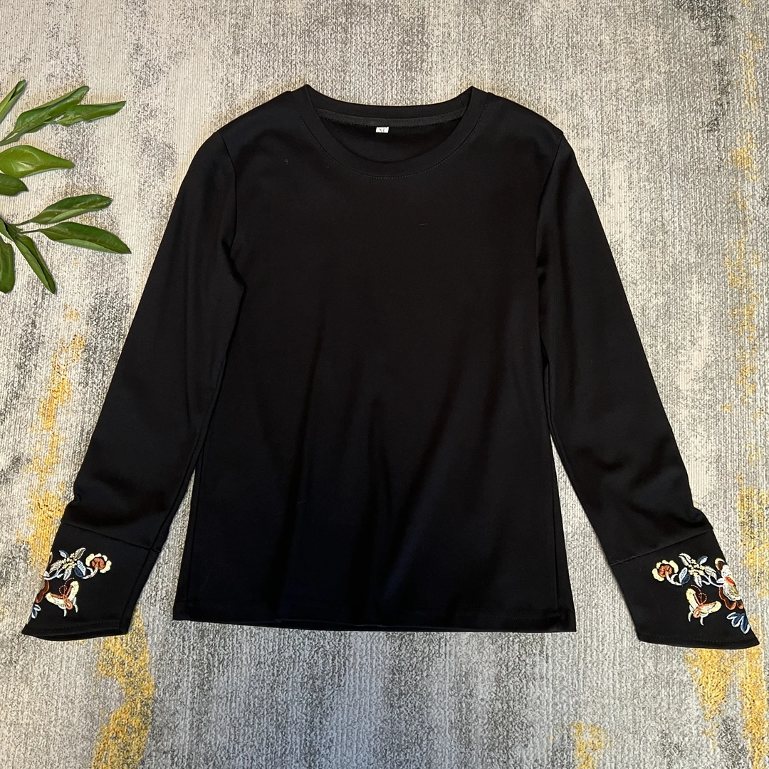 蝶恋花 新中式休闲百搭显瘦圆领长袖打底刺绣纯棉秋季长袖女t恤