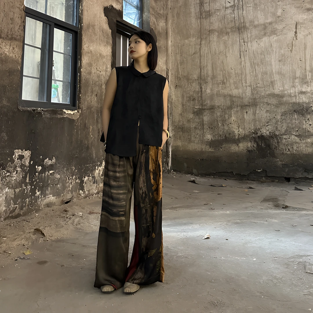 望芝 油画系列 复古风诗与远方古典油画印花阔腿裤休闲夏季小众女