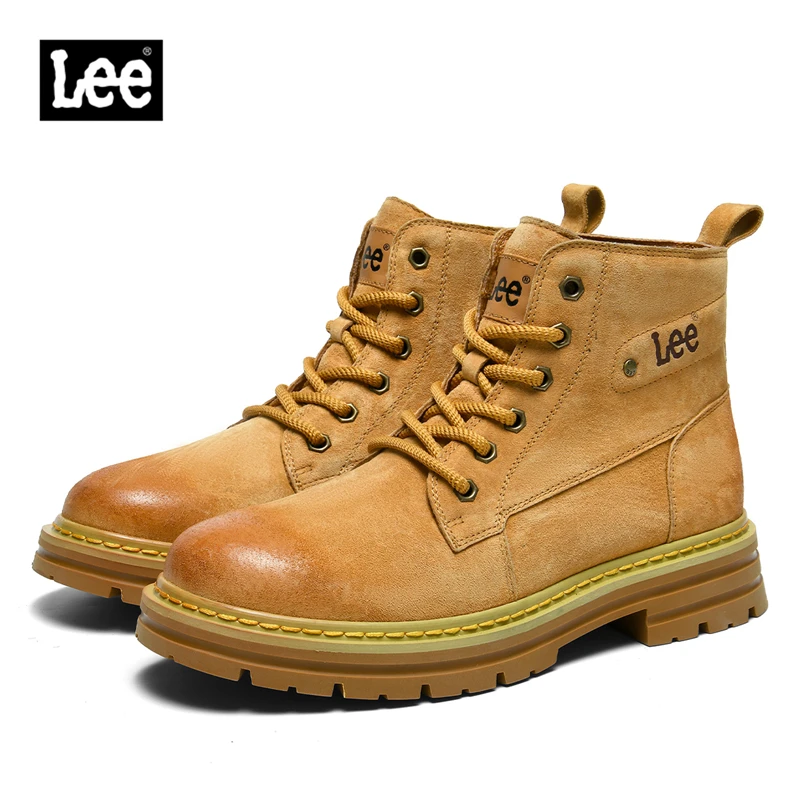 Lee男鞋工装靴男春季新款户外大黄靴真皮男士马丁靴中帮登山靴子