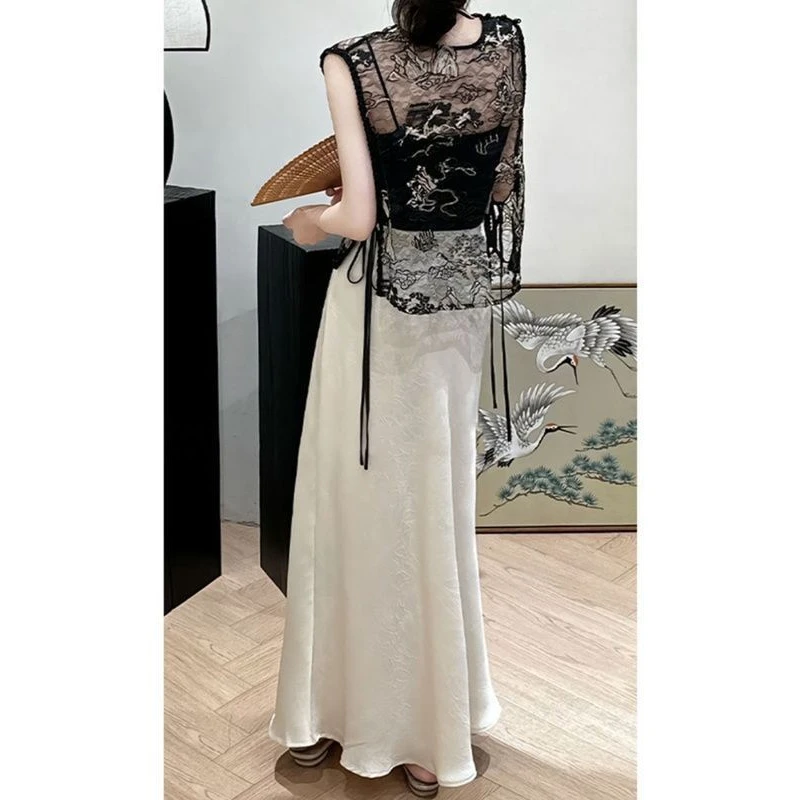 新中式黑色无袖套装2024夏季新款上衣半身裙两件套