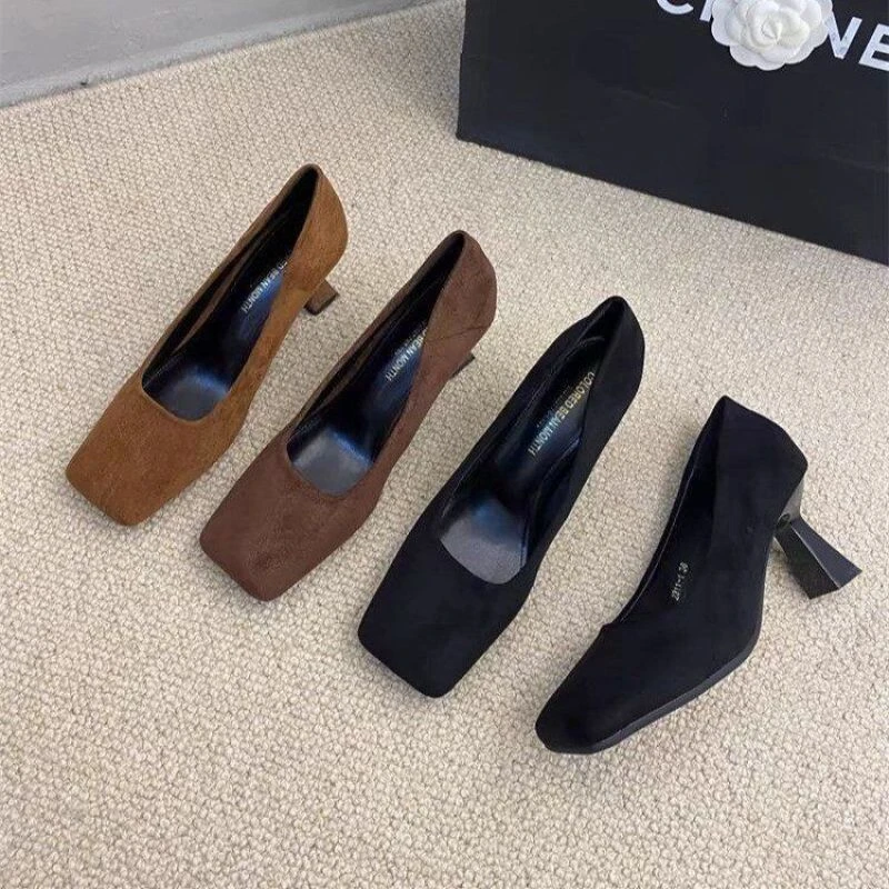 时尚2024春季新款方头绒面高跟鞋OL通勤气质软底百搭浅口黑色单鞋