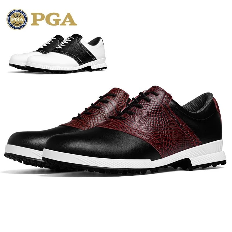 美国PGA 高尔夫球鞋 男士真皮鞋子 鳄鱼纹牛皮+防水超纤 防滑鞋钉