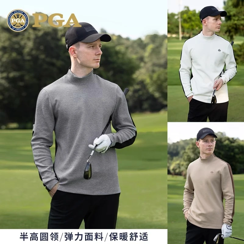 美国PGA 高尔夫球男服装秋冬长袖T恤撞色设计半高圆领保暖上衣