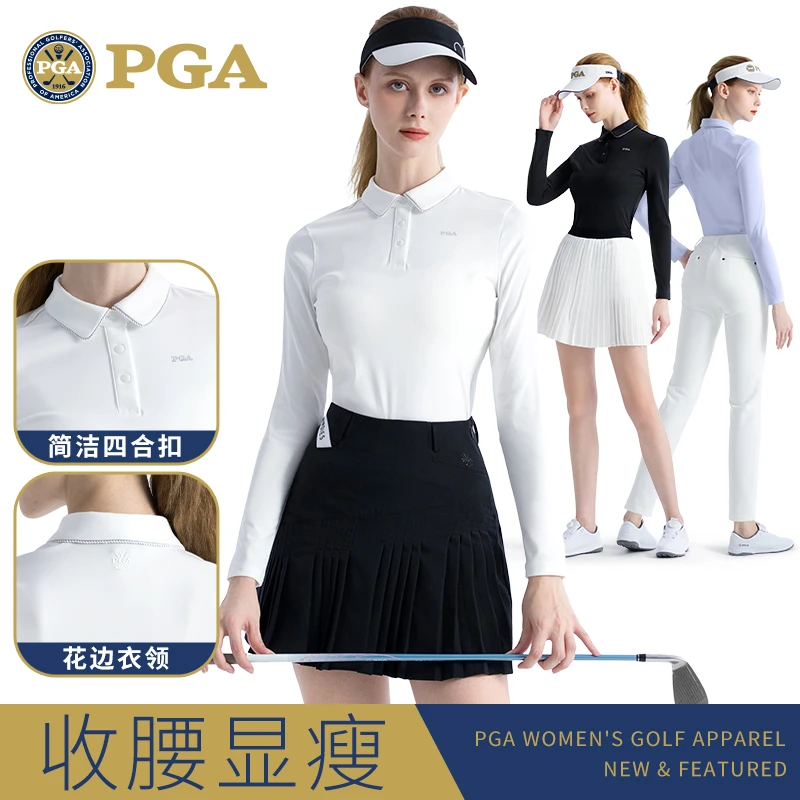 PGA高尔夫服装女款秋季长袖T恤POLO衫上衣A字时尚百褶裙运动短裙