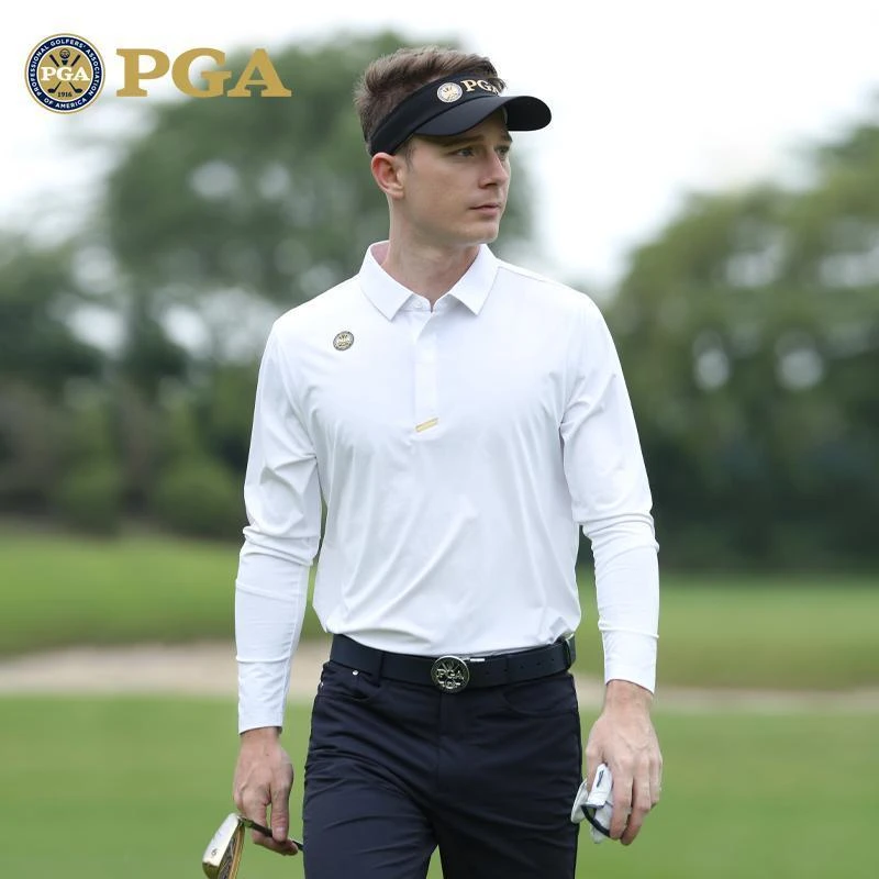 美国PGA 高尔夫男士长袖T恤春季新款运动面料 柔软弹力 暗扣设计