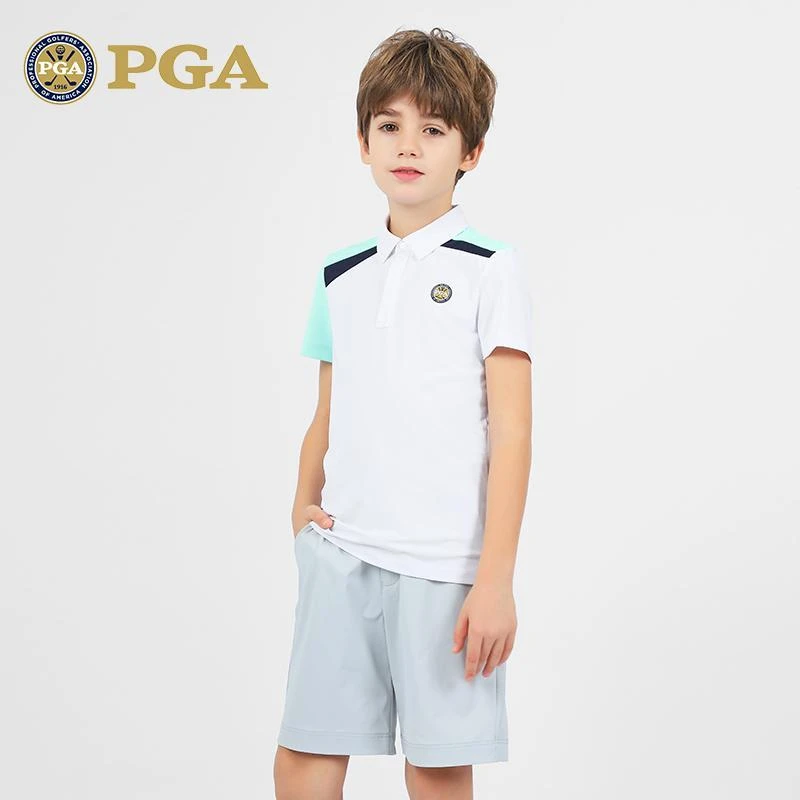 美国PGA儿童高尔夫服装男童短袖T恤夏季吸湿速干防UV套装抗菌衣服