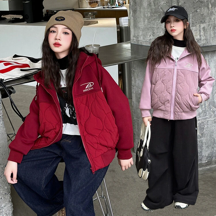 女童棉服秋冬装2024新款中大童加厚连帽绗棉拼接棉衣外套深秋装潮