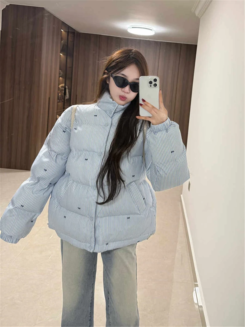 2024新款韩系超好看蝴蝶结立领棉衣棉服女冬季加厚保暖面包服外套