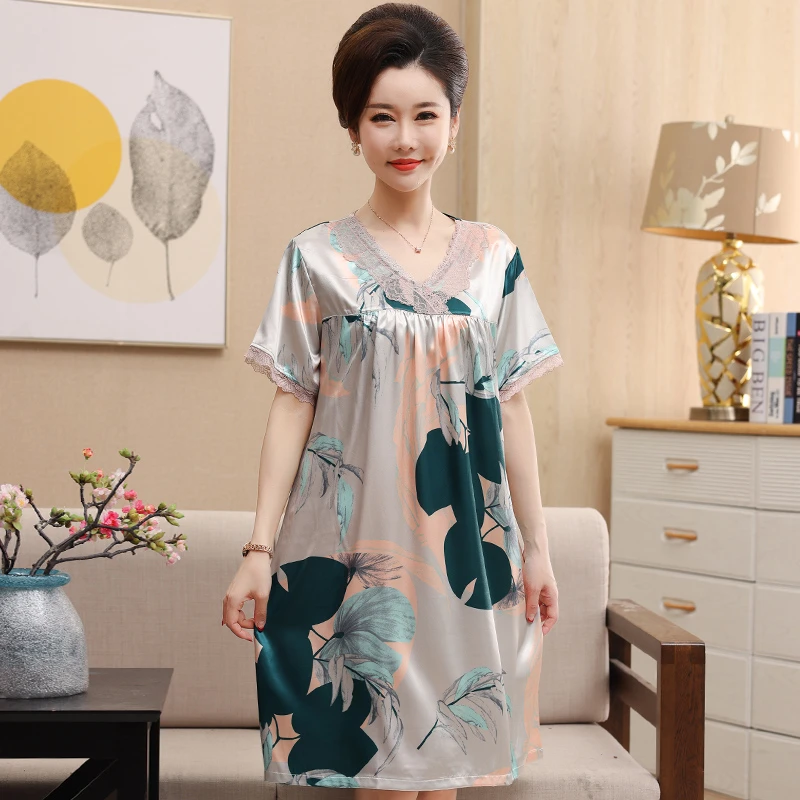 中老年妈妈夏季薄款冰丝睡裙中年女士睡衣裙中长款加大码家居裙子