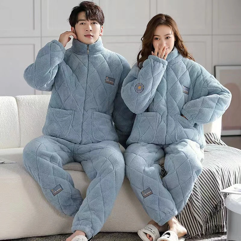 珊瑚绒夹棉情侣睡衣冬季三层加厚加绒男女可外穿保暖家居服两件套