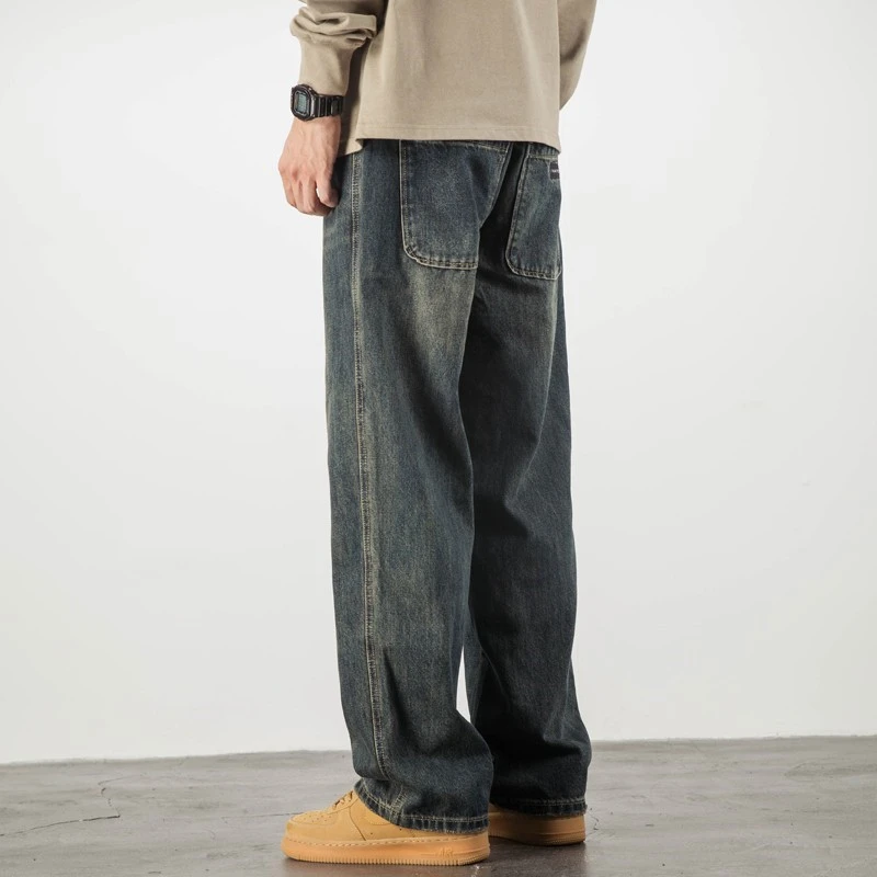 美式复古牛仔裤男直筒宽松阔腿大码老爹裤子秋季潮牌做旧水洗长裤