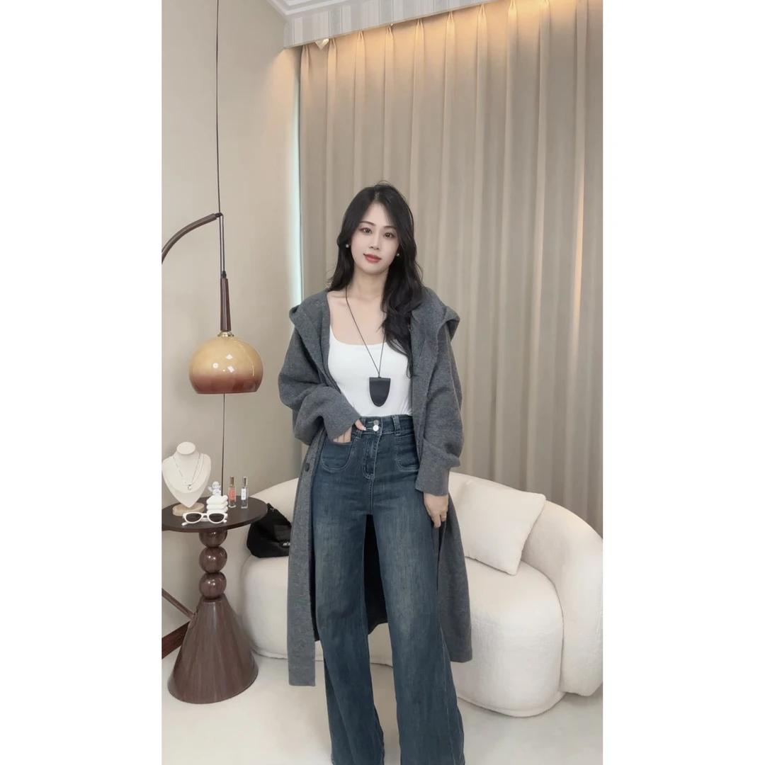 2024秋季新款纯色慵懒中长款针织开衫女气质温柔过膝连帽毛衣外套