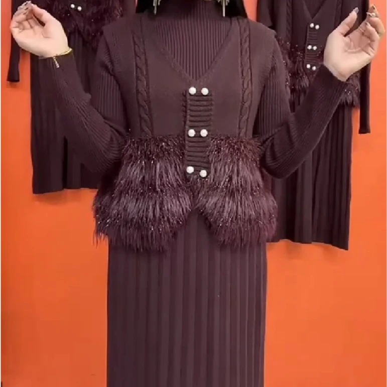 秋冬新款马甲连衣裙套装妈妈高档显瘦中长款针织裙