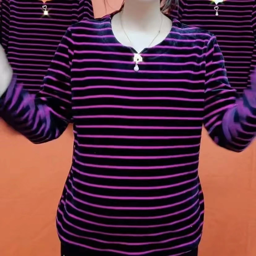 妈妈秋冬条纹加绒舒适气质圆领打底上衣