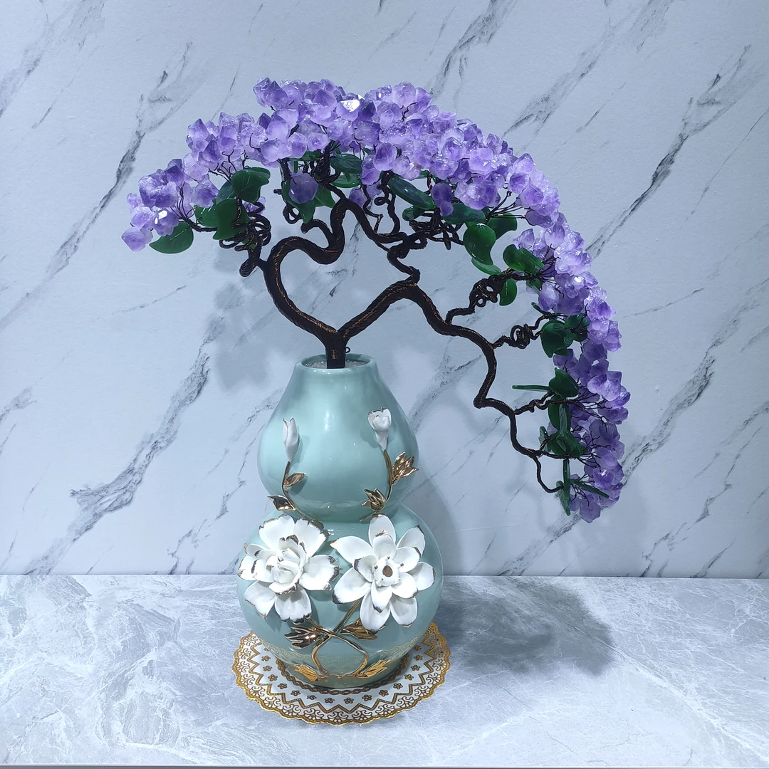 【卓越轻奢原创】福禄葫芦水晶树摆件陶瓷迎客松摆件纯手工点缀精美