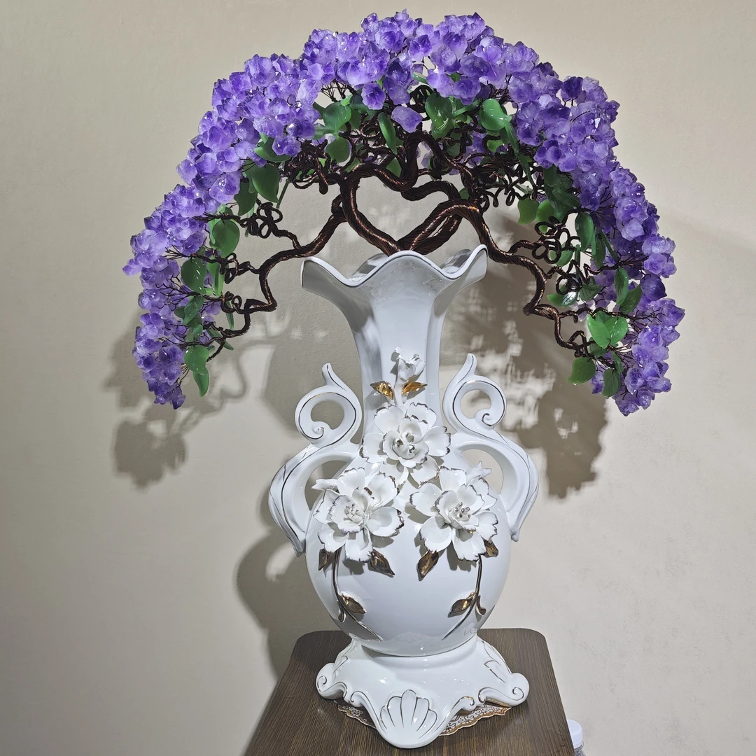 【卓越轻奢原创】左右逢源富贵花紫水晶树摆件欧式陶瓷迎客松手工