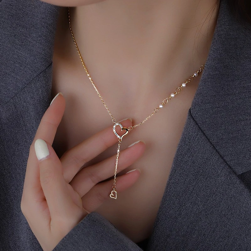 钛钢项链 时尚不掉色双爱心流苏贝珠镂空爱心项链轻奢小众百搭女