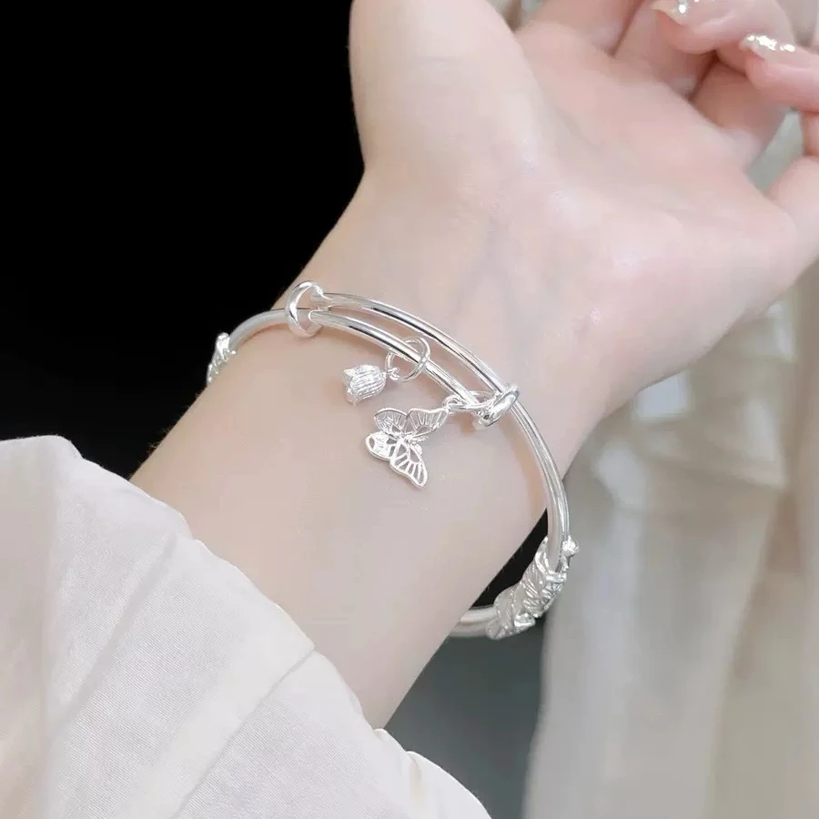 钛钢手镯 新中式繁花似锦手镯女精美时尚百搭蝴蝶花蕊可调节镯子