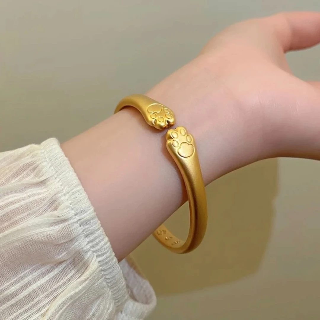 铜合金手镯 经典时尚招财纳福刻字猫爪手镯女款气质百搭实心镯
