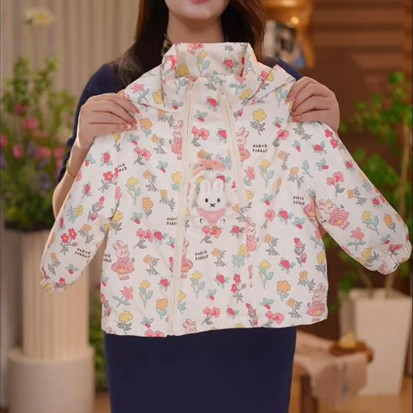 2024冬季新款女童连帽加厚棉服甜美碎花冲锋衣棉服外套-7005